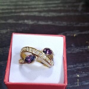 Elegant Purple And Clear Crystals Gold Tone Pinky Ring Size 6.5